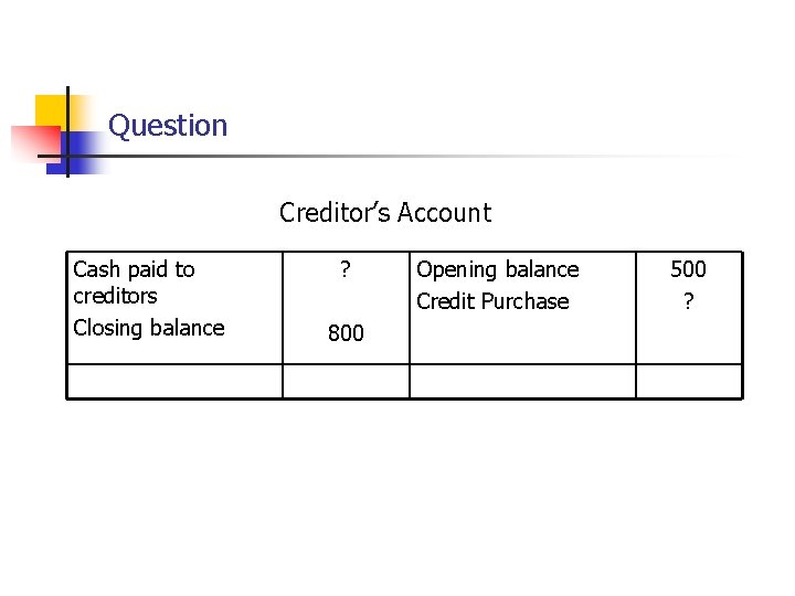 Question Creditor’s Account Cash paid to creditors Closing balance ? 800 Opening balance Credit