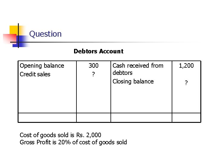 Question Debtors Account Opening balance Credit sales 300 ? Cash received from debtors Closing