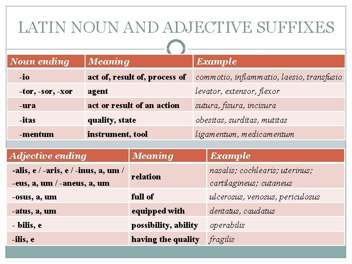 LATIN NOUN AND ADJECTIVE SUFFIXES Noun ending Meaning Example -io act of, result of,