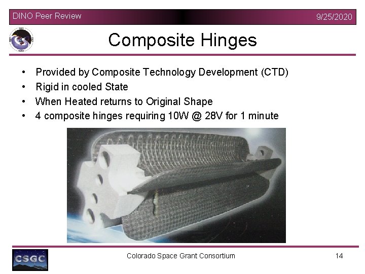 DINO Peer Review 9/25/2020 Composite Hinges • • Provided by Composite Technology Development (CTD)