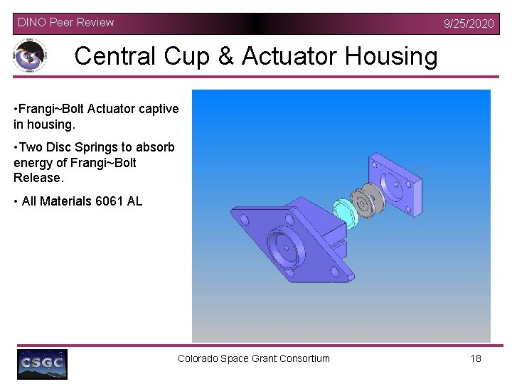 DINO Peer Review 9/25/2020 Central Cup & Actuator Housing • Frangi~Bolt Actuator captive in