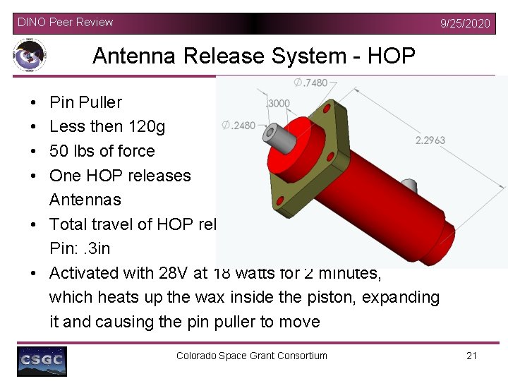 DINO Peer Review 9/25/2020 Antenna Release System - HOP • • Pin Puller Less