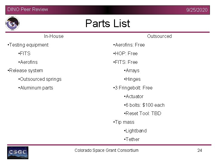 DINO Peer Review 9/25/2020 Parts List In-House • Testing equipment Outsourced • Aerofins: Free