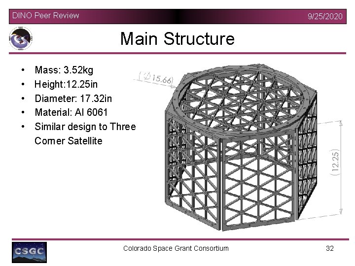 DINO Peer Review 9/25/2020 Main Structure • • • Mass: 3. 52 kg Height: