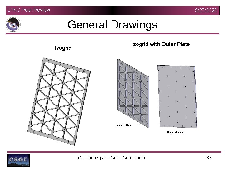 DINO Peer Review 9/25/2020 General Drawings Isogrid with Outer Plate Isogrid side Back of