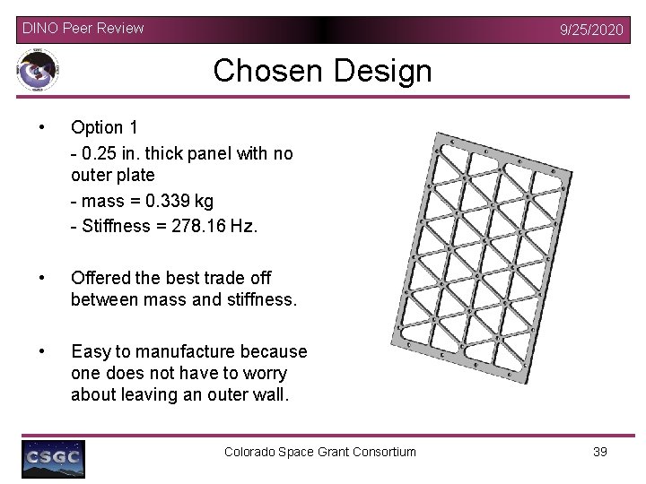 DINO Peer Review 9/25/2020 Chosen Design • Option 1 - 0. 25 in. thick