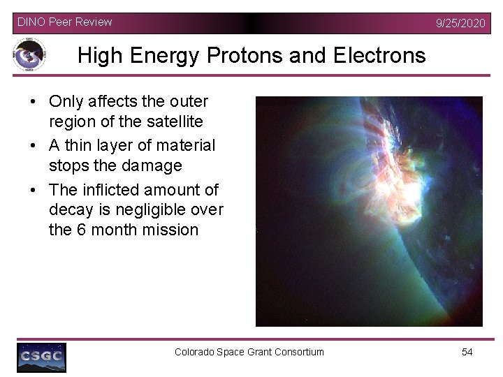 DINO Peer Review 9/25/2020 High Energy Protons and Electrons • Only affects the outer