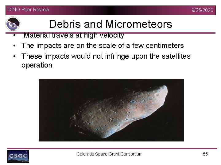 DINO Peer Review 9/25/2020 Debris and Micrometeors • Material travels at high velocity •