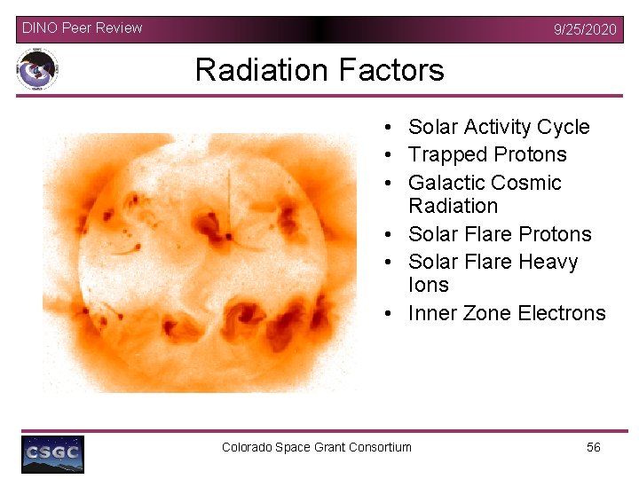 DINO Peer Review 9/25/2020 Radiation Factors • Solar Activity Cycle • Trapped Protons •