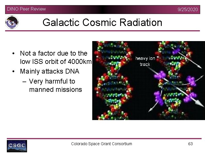 DINO Peer Review 9/25/2020 Galactic Cosmic Radiation • Not a factor due to the