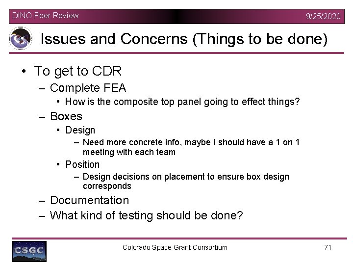 DINO Peer Review 9/25/2020 Issues and Concerns (Things to be done) • To get