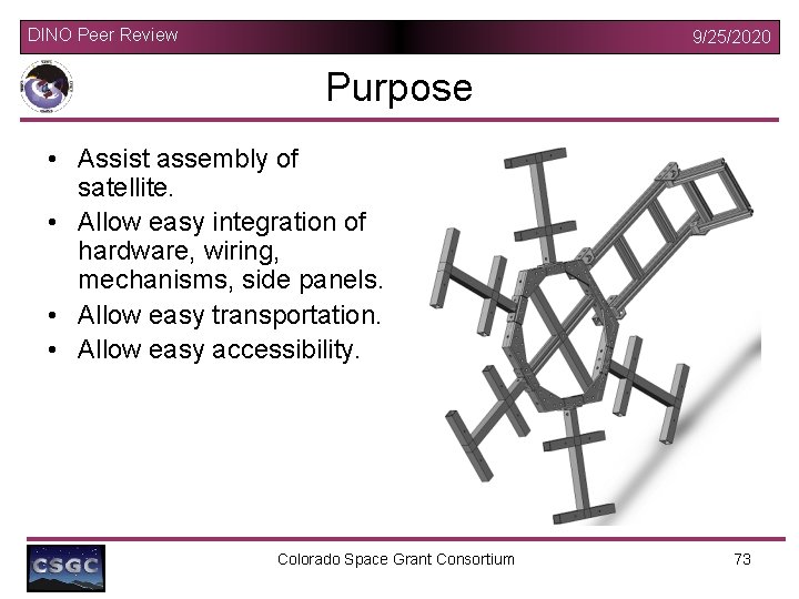 DINO Peer Review 9/25/2020 Purpose • Assist assembly of satellite. • Allow easy integration