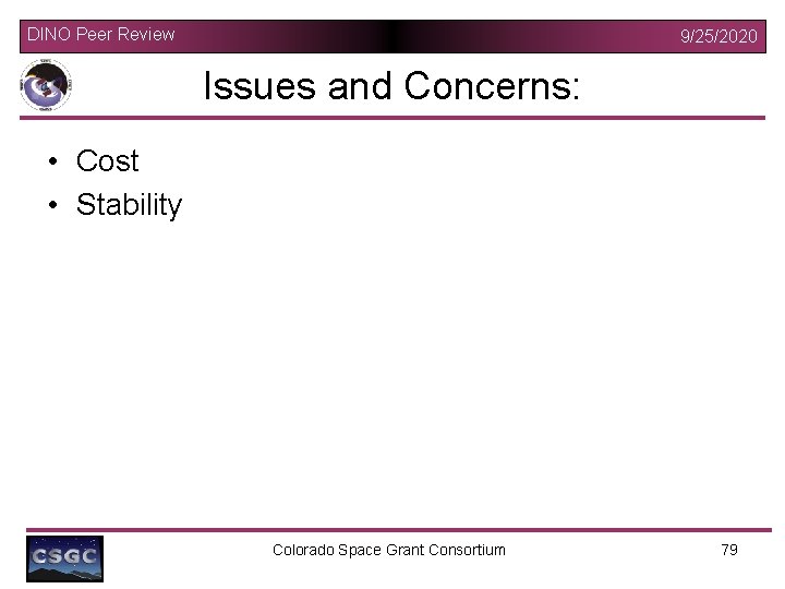 DINO Peer Review 9/25/2020 Issues and Concerns: • Cost • Stability Colorado Space Grant