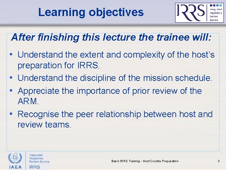 Irr Learnign BASIC IRRS TRAINING Information Lecture 2 Host Country