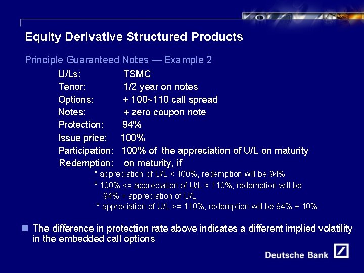 21 Equity Derivative Structured Products Principle Guaranteed Notes — Example 2 U/Ls: Tenor: Options: