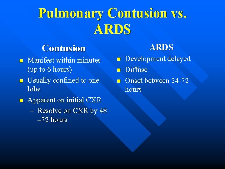 Pulmonary Contusion vs. ARDS Contusion n Manifest within minutes (up to 6 hours) Usually