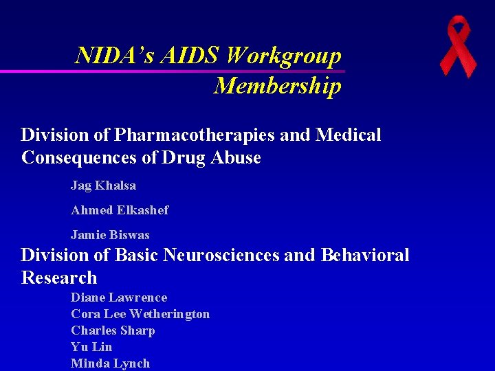 NIDA’s AIDS Workgroup Membership Division of Pharmacotherapies and Medical Consequences of Drug Abuse Jag NIDA’s AIDS Workgroup Membership Division of Pharmacotherapies and Medical Consequences of Drug Abuse Jag