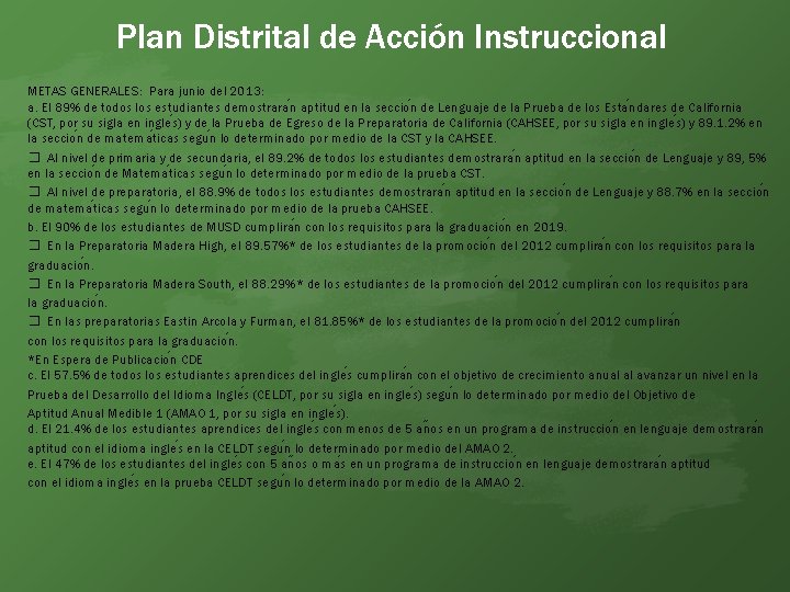 Plan Distrital de Acción Instruccional METAS GENERALES: Para junio del 2013: a. El 89%