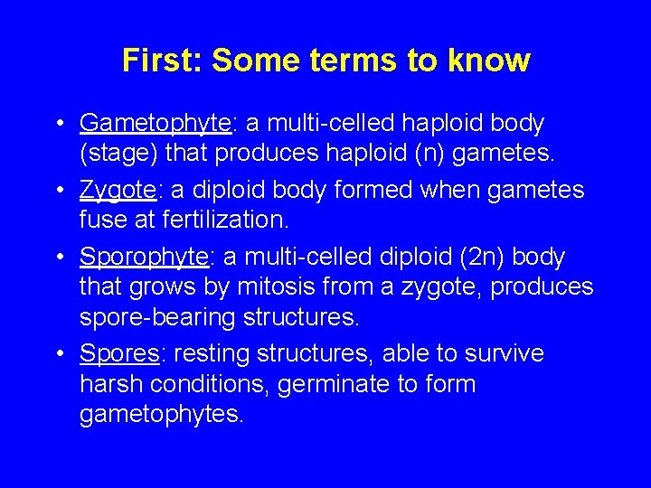 First: Some terms to know • Gametophyte: a multi-celled haploid body (stage) that produces First: Some terms to know • Gametophyte: a multi-celled haploid body (stage) that produces