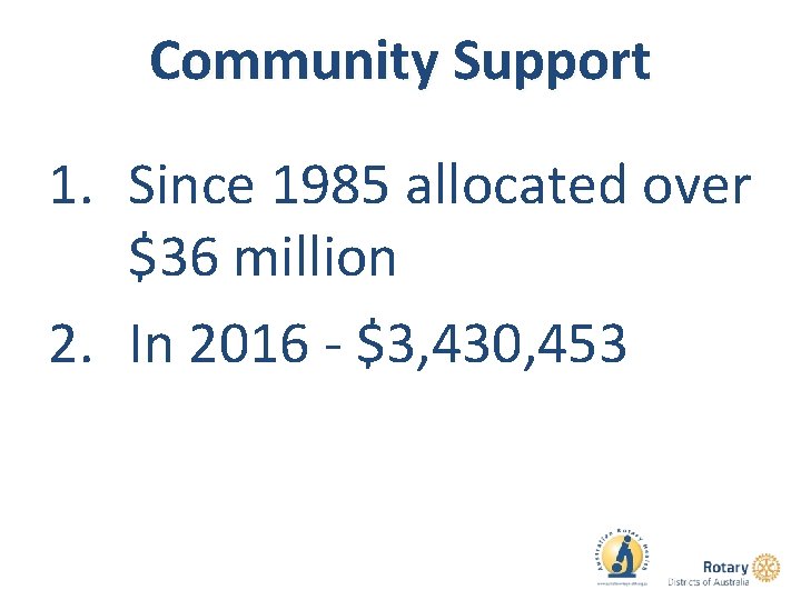 Community Support 1. Since 1985 allocated over $36 million 2. In 2016 - $3,