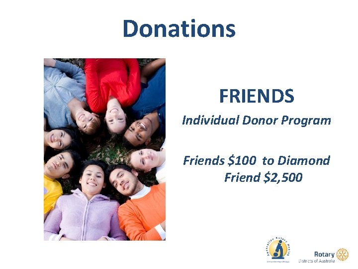 Donations FRIENDS Individual Donor Program Friends $100 to Diamond Friend $2, 500 