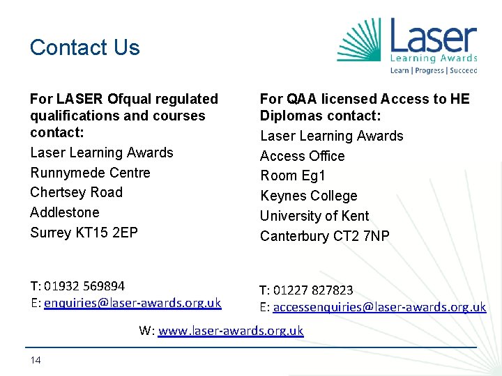 Contact Us For LASER Ofqual regulated qualifications and courses contact: Laser Learning Awards Runnymede