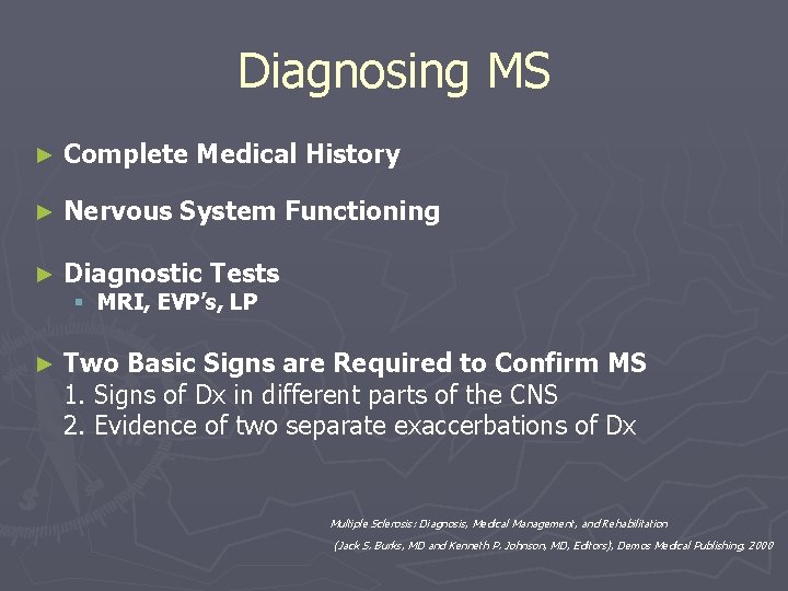 Diagnosing MS ► Complete Medical History ► Nervous System Functioning ► Diagnostic Tests ►