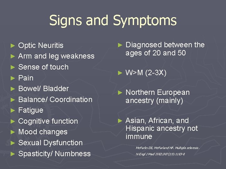 Signs and Symptoms Optic Neuritis ► Arm and leg weakness ► Sense of touch