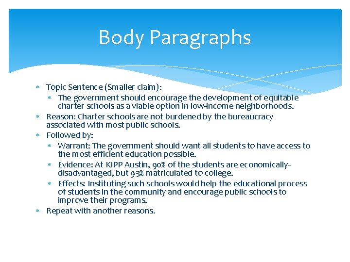 Body Paragraphs Topic Sentence (Smaller claim): The government should encourage the development of equitable