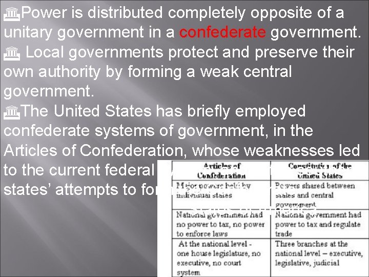  Power is distributed completely opposite of a unitary government in a confederate government.