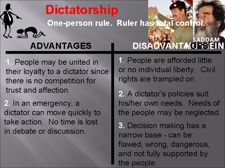 Dictatorship One-person rule. Ruler has total control. ADVANTAGES 1. People may be united in