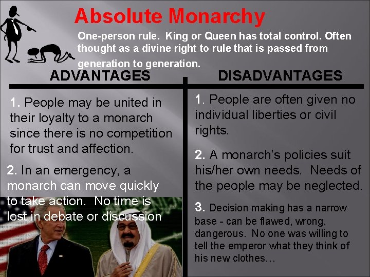 Absolute Monarchy One-person rule. King or Queen has total control. Often thought as a