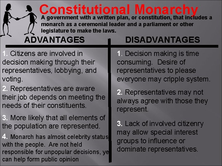 Constitutional Monarchy A government with a written plan, or constitution, that includes a monarch