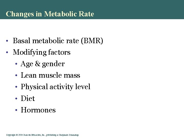 Changes in Metabolic Rate • Basal metabolic rate (BMR) • Modifying factors • Age