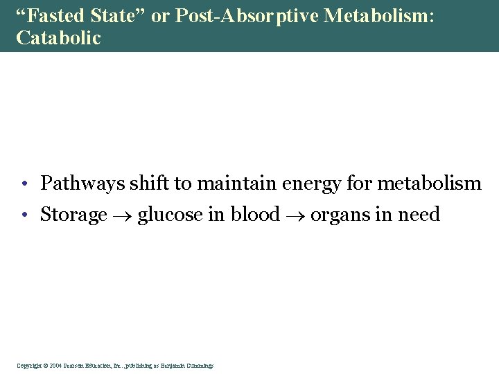 “Fasted State” or Post-Absorptive Metabolism: Catabolic • Pathways shift to maintain energy for metabolism