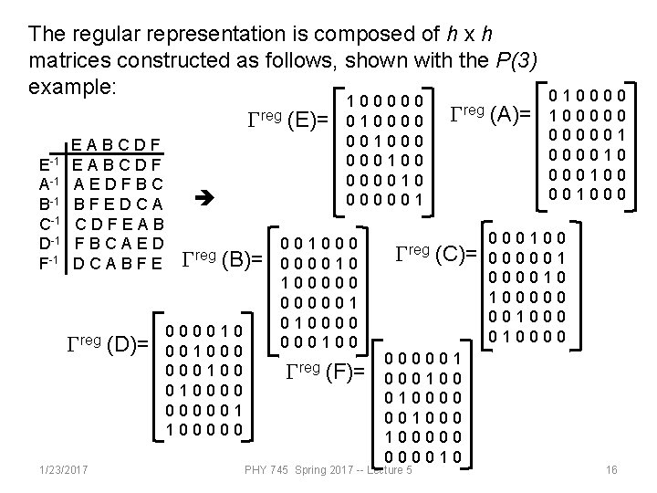The regular representation is composed of h x h matrices constructed as follows, shown