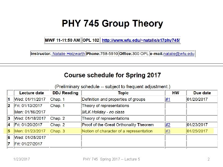 1/23/2017 PHY 745 Spring 2017 -- Lecture 5 2 