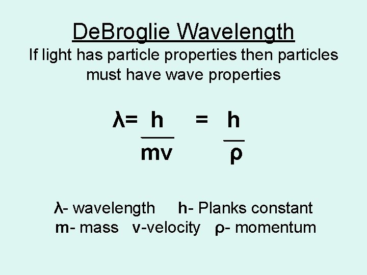 De. Broglie Wavelength If light has particle properties then particles must have wave properties De. Broglie Wavelength If light has particle properties then particles must have wave properties