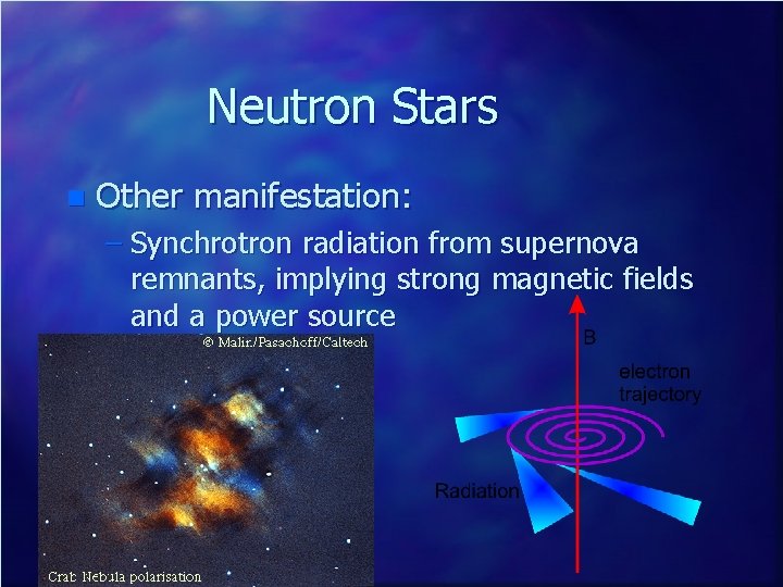 Neutron Stars n Other manifestation: – Synchrotron radiation from supernova remnants, implying strong magnetic