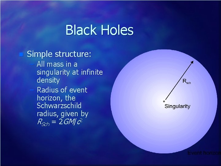 Black Holes n Simple structure: – All mass in a singularity at infinite density