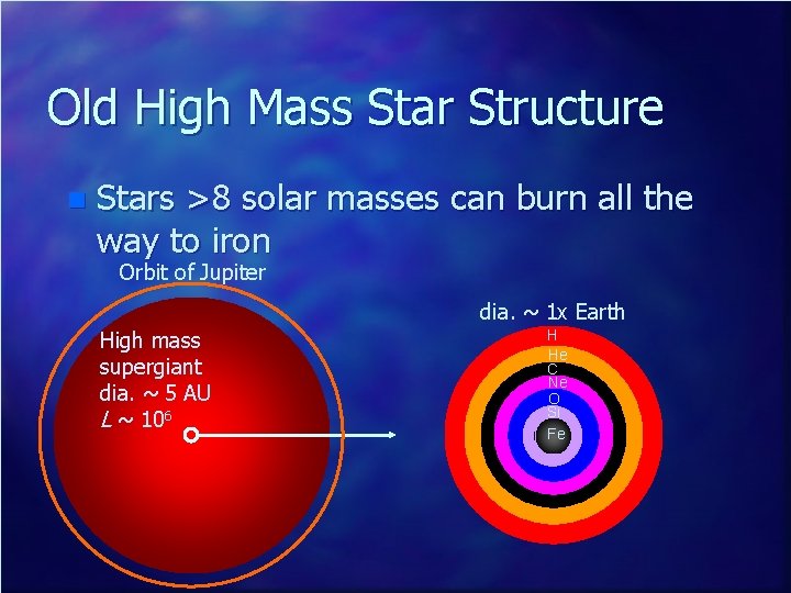 Old High Mass Star Structure n Stars >8 solar masses can burn all the