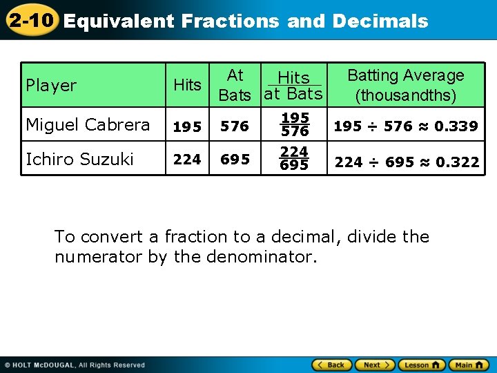 2 -10 Equivalent Fractions and Decimals Player Hits At Hits Bats at Bats Miguel