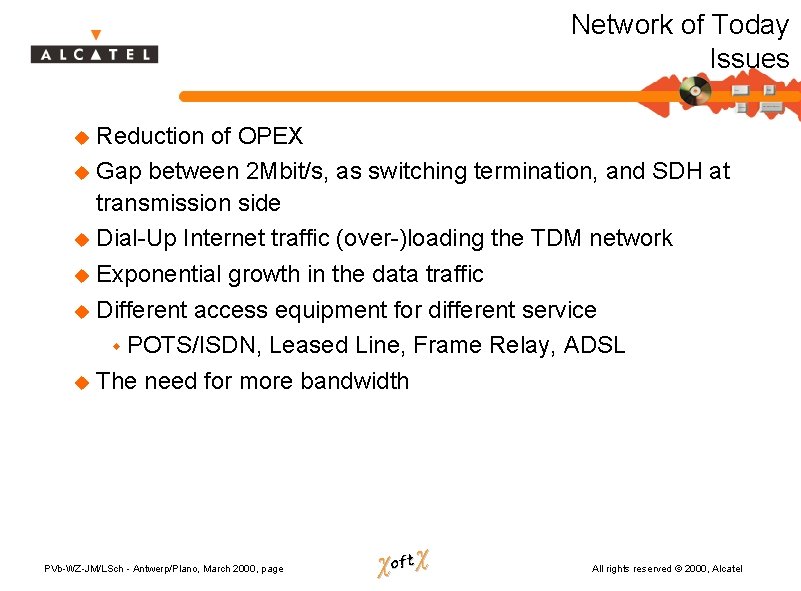 Network of Today Issues Reduction of OPEX u Gap between 2 Mbit/s, as switching