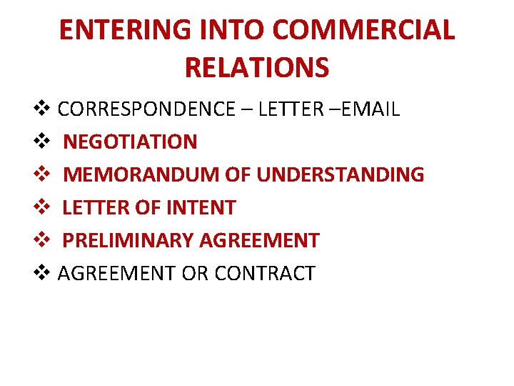 ENTERING INTO COMMERCIAL RELATIONS v CORRESPONDENCE – LETTER –EMAIL v NEGOTIATION v MEMORANDUM OF