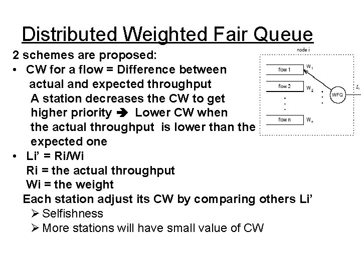 Distributed Weighted Fair Queue 2 schemes are proposed: • CW for a flow =