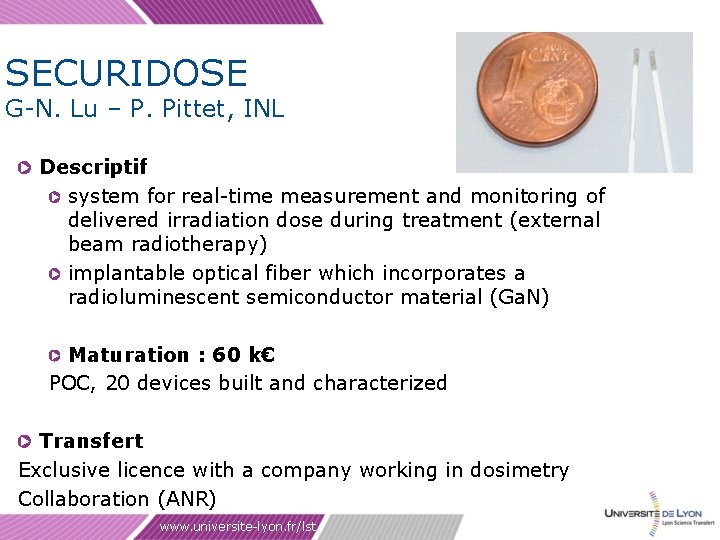 SECURIDOSE G-N. Lu – P. Pittet, INL Descriptif system for real-time measurement and monitoring
