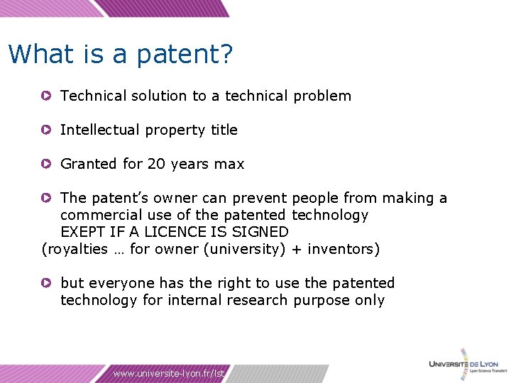 What is a patent? Technical solution to a technical problem Intellectual property title Granted