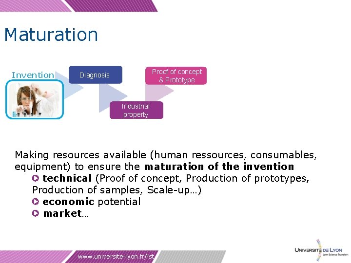 Maturation Invention Proof of concept & Prototype Diagnosis Industrial property Making resources available (human