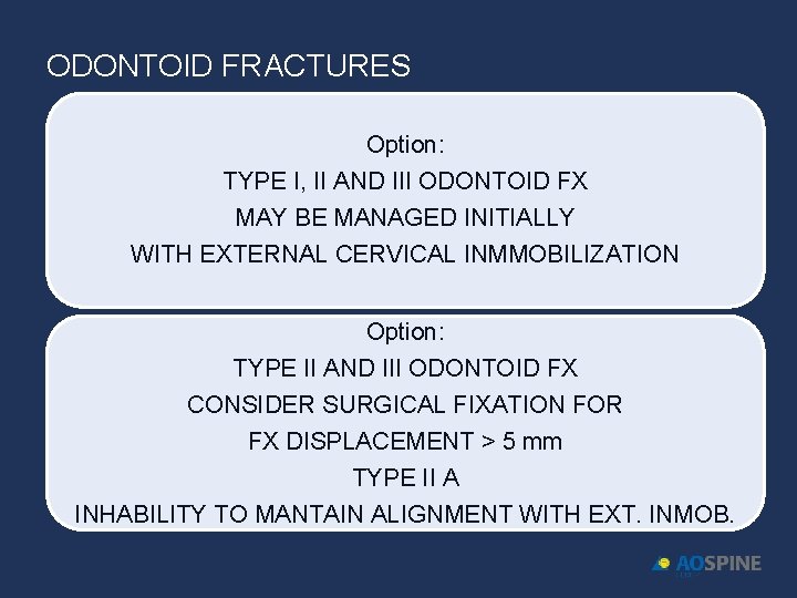 ODONTOID FRACTURES Option: TYPE I, II AND III ODONTOID FX MAY BE MANAGED INITIALLY