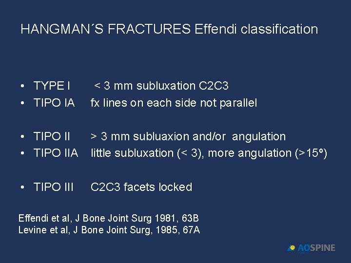 HANGMAN´S FRACTURES Effendi classification • TYPE I • TIPO IA < 3 mm subluxation